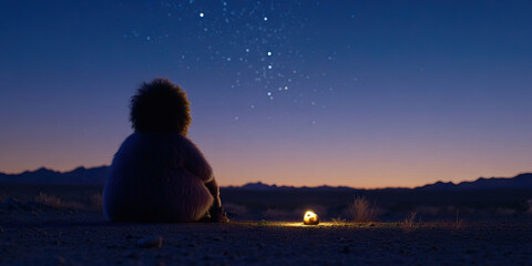 Person in Coat Seated under Starry Twilight Sky with Glowing Object