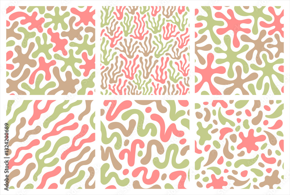 Aufkleber organic natural rounded shapеs seamless vector patterns collection. fluid surreal blotches spots bol