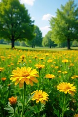 Obraz premium Yellow calendula flowers blooming in a lush green field with a few trees, summer, garden