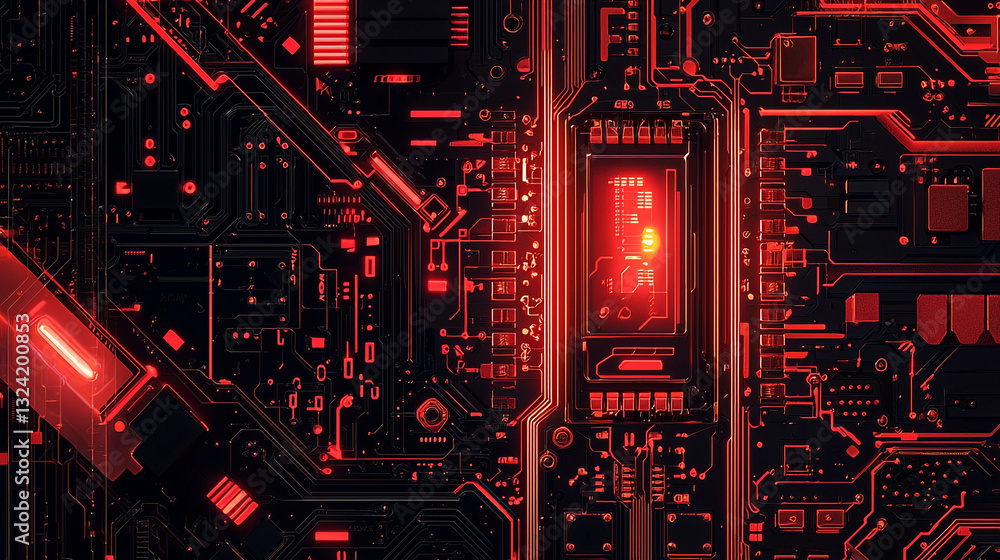 Poster abstract red circuit board technology background image digital art dark lines design modern wiring