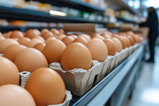 A close-up view of fresh brown eggs arranged in an egg carton, showcasing the simple yet essential staple of cooking and the beauty of natural produce in marketplaces.