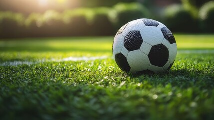 A timeless black and white soccer ball, a classic symbol of the beautiful game, rested on a verdant field, ready to ignite a match of passion and skill.
