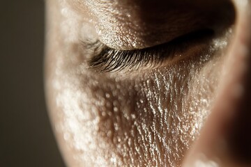 Close-up of natural skin texture with soft lighting, showing pores and imperfections, shallow depth of field, professional photographer composition