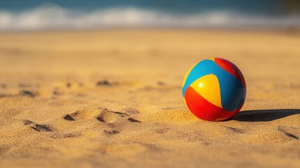 Colorful beach ball rests on sandy beach near ocean.