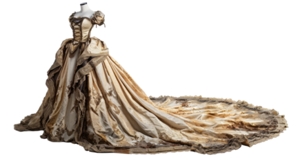 Elegant beige and brown dress on mannequin with transparent background