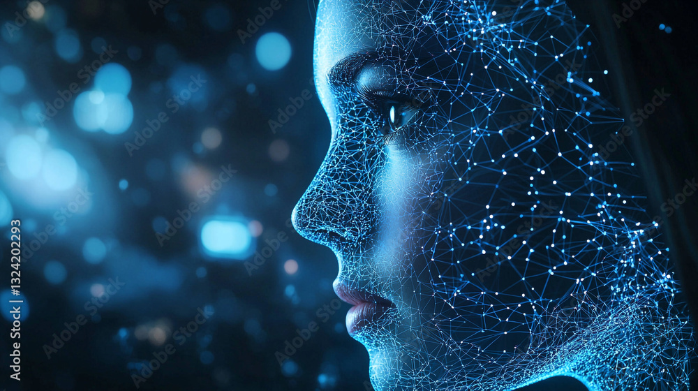 Poster abstract digital face network connection technology art blue dots mesh grid data lines points modern