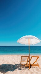 Fototapeta premium Serene Minimalist Beach Escape Luxury Resort Wellness Experience with Pristine White Beach Umbrella and Sustainable Wooden Loungers - Elevated Coastal Tranquility