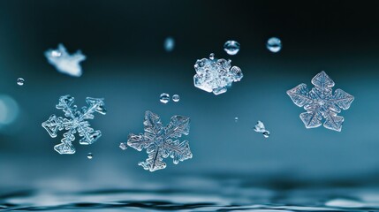 Frozen snowflakes in mid-air, water droplets