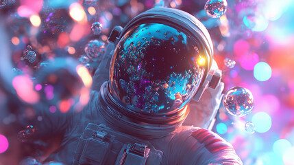 Futuristic astronaut in colorful cosmic clouds with vibrant reflections on space helmet, surreal digital art with neon hues and dreamy sci fi atmosphere

