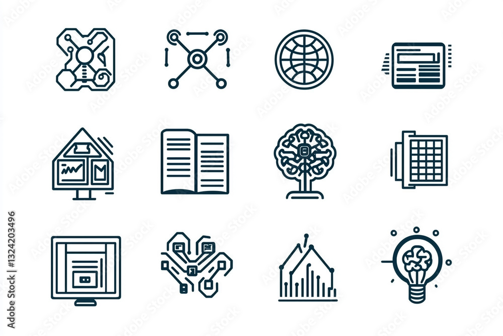 Poster collection of technology icons digital network global data processing web book idea brain chart