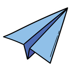 Hand drawn cartoon blue paper airplane on white background.