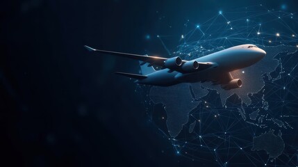 Obraz premium aviation business logistics global network concept. Futuristic airplane flying through a network of digital connections.