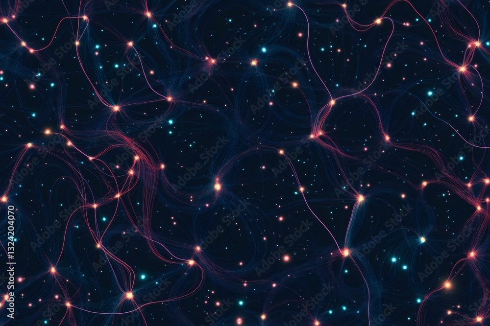 Poster abstract seamless pattern featuring a network of glowing lines and dots, resembling led lights, on a