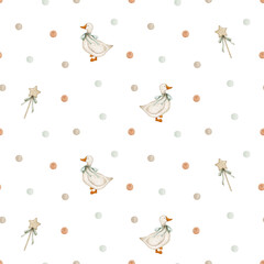 Watercolor seamless pattern with goose, stars, polka dot. Isolated on white background. Hand drawn clipart. Perfect for card, fabric, tags, invitation, printing, wrapping. 