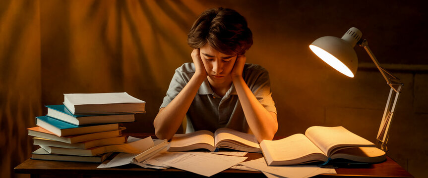 Teenager studying late, illuminated by desk lamp, surrounded by books and papers, conveying stress and exhaustion related to academic pressure
