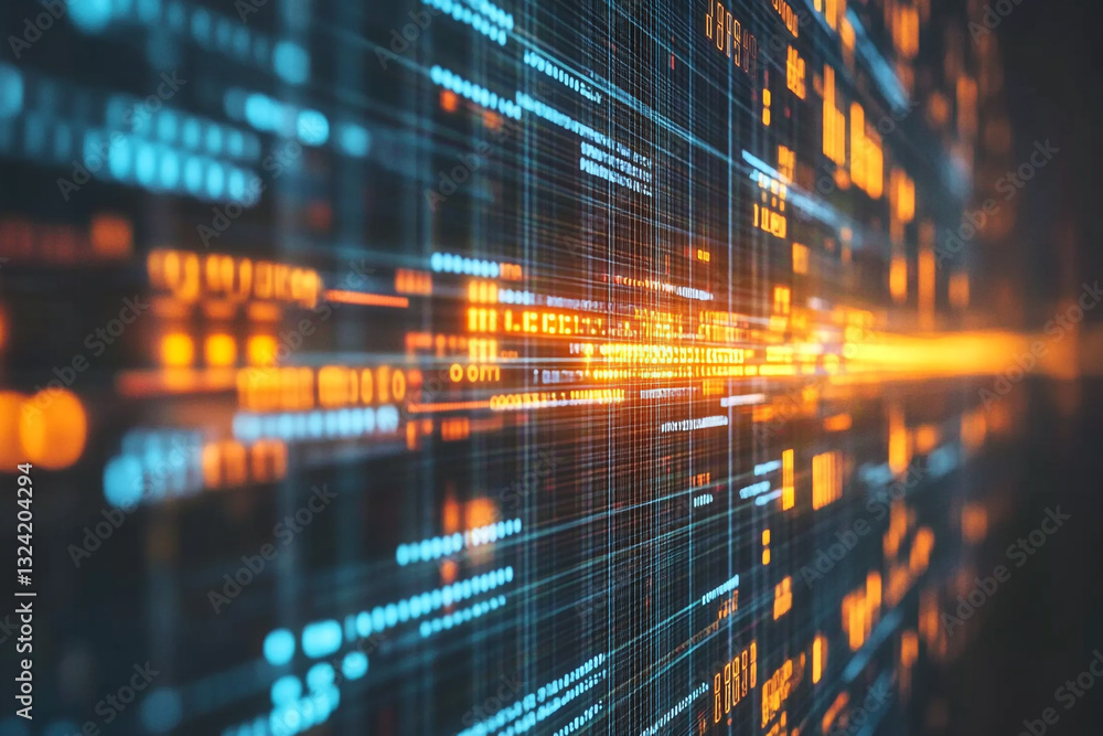 Poster abstract digital data stream orange blue technology background web code grid glow cyber light lines