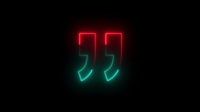 glowing neon Quotation mark up icon black color animation black background. concept of callout text template