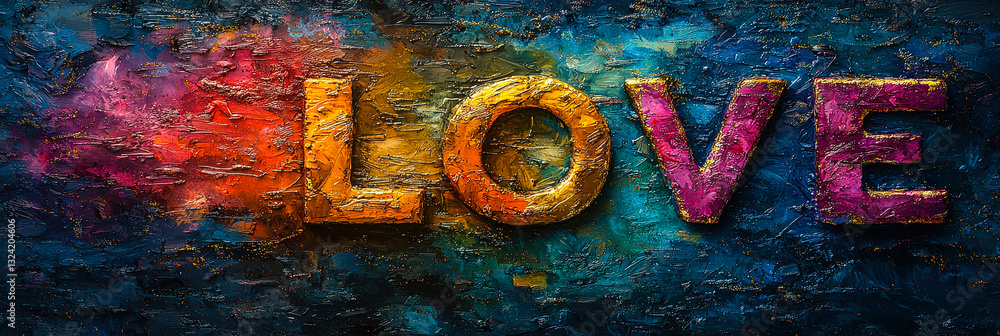 Poster an abstract representation of love is depicted in bold, vibrant letters on a richly textured and col