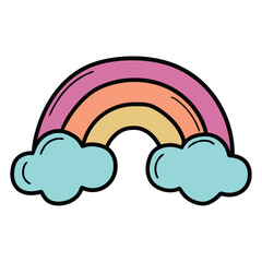 Hand drawn cartoon rainbow on clouds on white background.