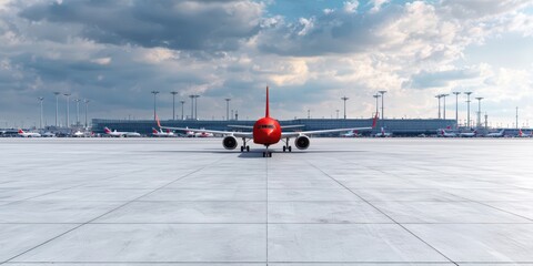 Fototapeta premium aviation business logistics global network concept. Airplane on tarmac with cloudy sky and airport background.