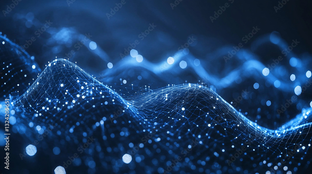 Poster abstract blue digital wave background with glowing particles and network connections data dark mesh