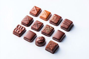 Assorted of dark, white and milk chocolate isolated on white background. Truffle, candy with decoration design pattern. 