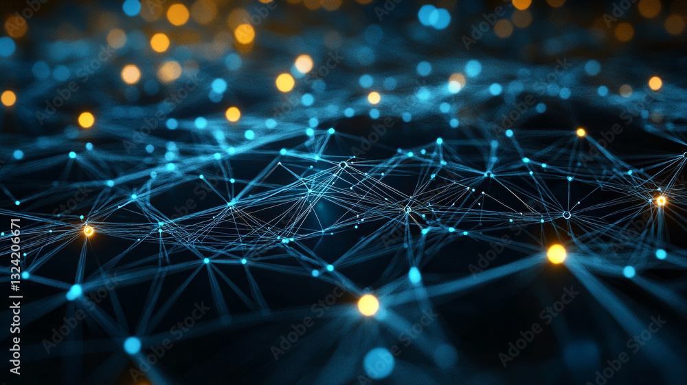 Poster abstract blue network digital connections technology background web data lines nodes cyber points