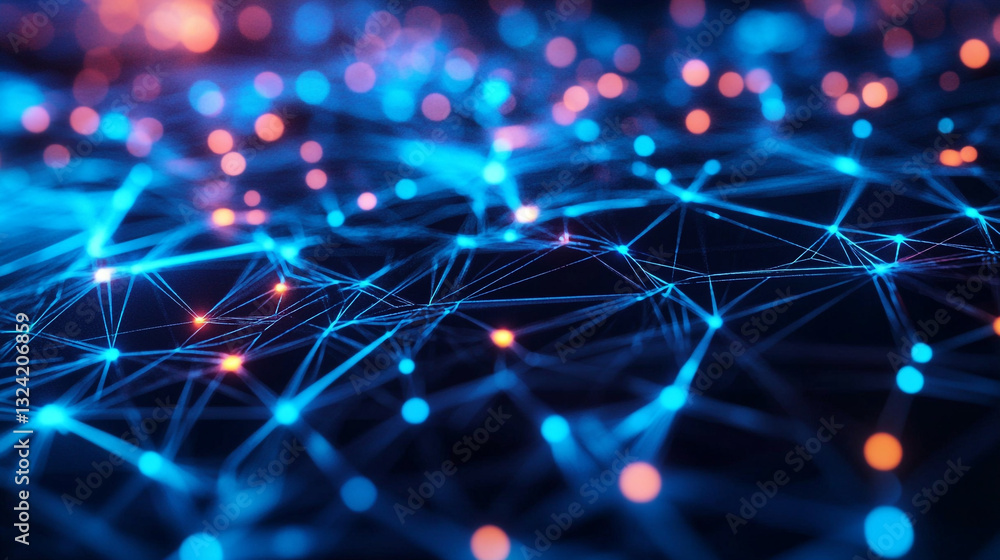 Poster abstract blue network digital technology background with glowing orange nodes web data dots mesh