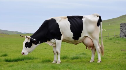 A cow is grazing in a field