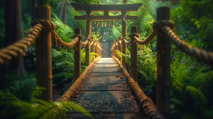Serene pathway leading through lush greenery and a traditional gate in a tranquil forest setting