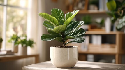 A slender fiddle leaf fig, its dark, glossy leaves reaching for the light, sat gracefully within a minimalist, off-white pot, its presence a touch of elegance against a softly blurred backdrop,