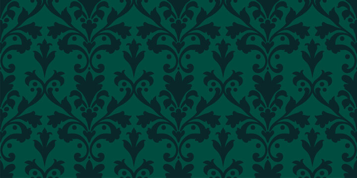 Luxury baroque seamless pattern. Abstract floral geometric ornament with curly elements, foliage, leaves. Vector background in rococo, revival, renaissance, damask style. Repeated gark green design