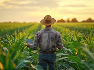 Farmer man in corn field works with computer, Business Farm. Agriculture concept
