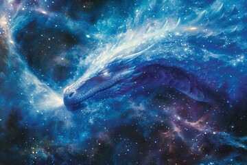 Fototapeta premium Majestic cosmic dragon gliding through a starry galaxy, surrounded by vibrant nebulae and stardust