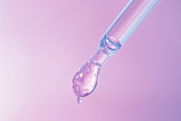Drop of serum on the tip of a glass pipette, about to touch the skin, soft focus background, clean and sterile environment, minimalistic and modern