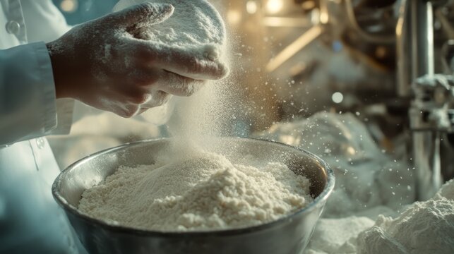 A busy industrial kitchen is where a professional chef accurately pours flour into a large bowl, showcasing proficiency in large-scale food preparation and culinary expertise