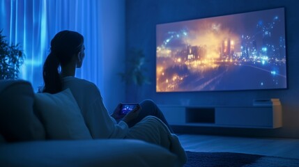 Naklejka premium Person enjoys immersive holographic movie experience in a cozy home environment with modern decor