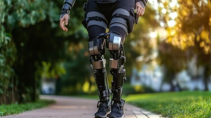 Person walking with a robotic exoskeleton and prosthetic arm in a park during daylight