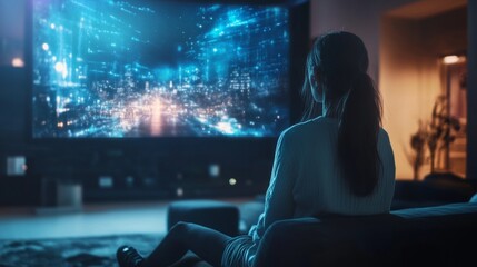 Watching a holographic movie projection at home for an immersive entertainment experience in a futuristic setting