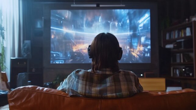 Enjoying holographic movie projection in a modern home environment for futuristic entertainment experience
