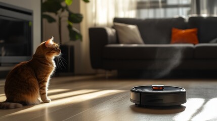 Robot vacuum cleans a stylish minimalist home while curious cat observes the activity