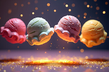 Colorful ice cream scoops in pink, green, yellow, and orange float above a sparkling surface, creating a dreamy and festive atmosphere with glimmering bokeh lights