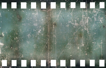 35 mm photographic film with perforated, scratched, smudged and dirty surface, isolated on a transparent background