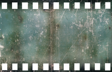 35 mm photographic film with perforated, scratched, smudged and dirty surface, isolated on a transparent background