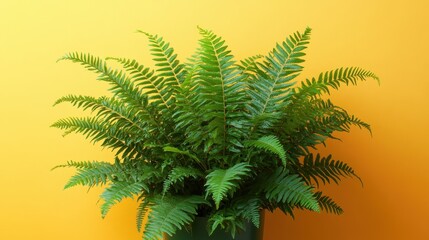 A verdant fern, its fronds reaching like vibrant green arms, stood tall against a vibrant yellow backdrop, adding a touch of nature s artistry to the otherwise monochromatic space.