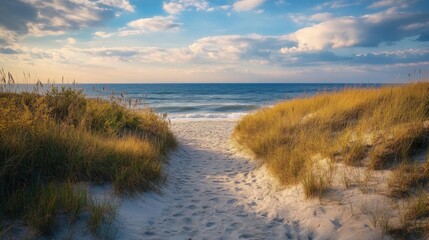 Sandy path leads to serene beach with ocean view under cloudy sky.
