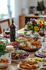Cozy dining room set for a traditional Rosh Hashanah feast with rich foods and festive decorations