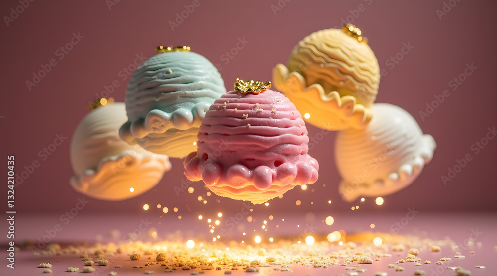 Poster colorful ice cream scoops float above a pink backdrop with sparkling crumbs, creating a whimsical an