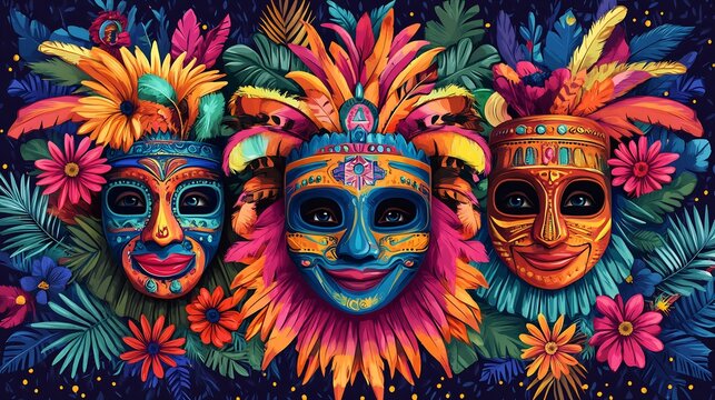 Junkanoo Festival Happy New Year wish card design featuring bold Bahamian colors artistic Junkanoo mask illustrations a festive border of cowbells feathers and tropical flowers ultra HD greeting card