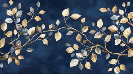 Brown, blue, beige, and gold tree branches and leaves create a 3D effect on a navy blue wall design.  Perfect for bedroom walls or carpets.
